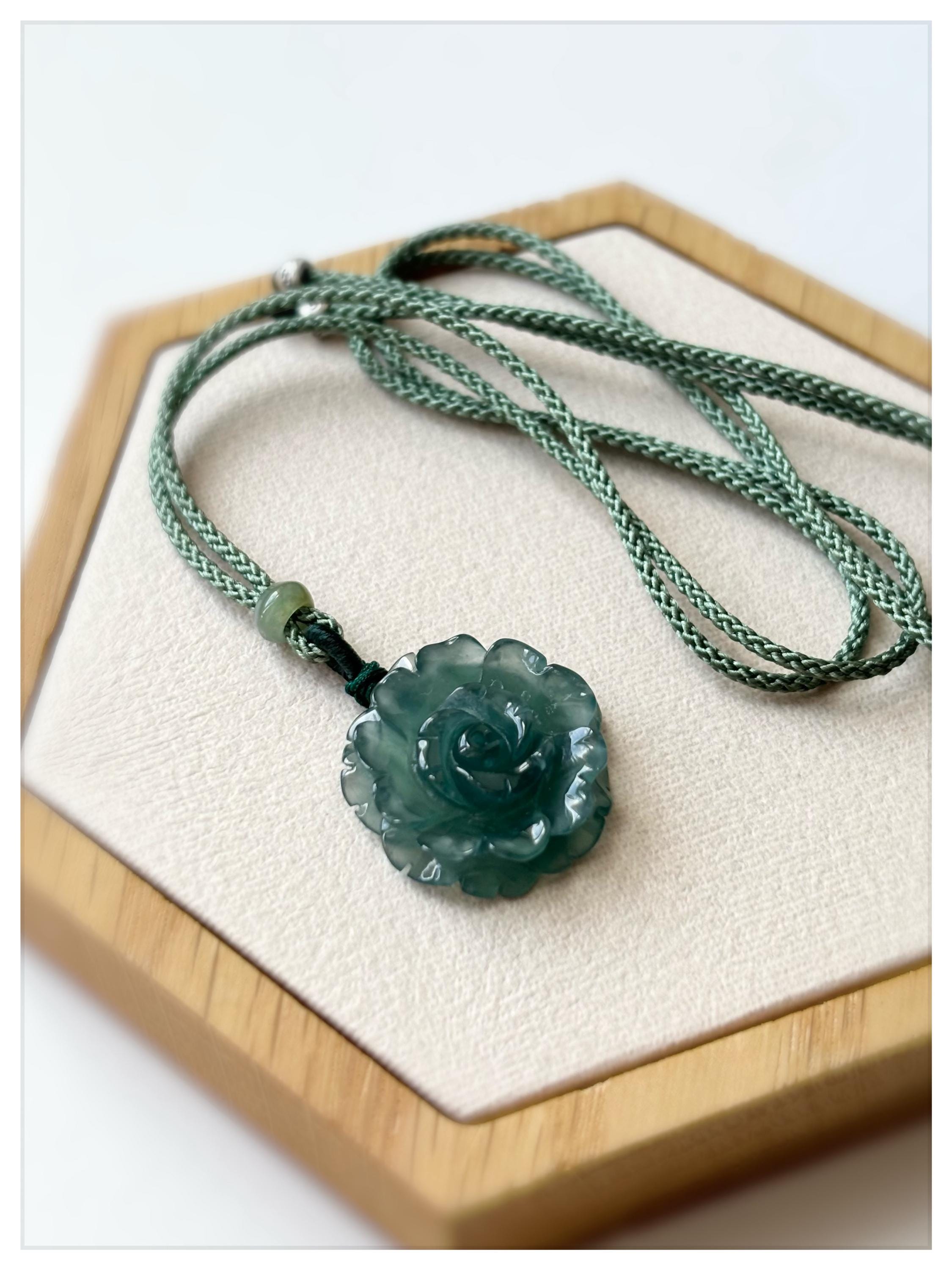 Jade Necklace NJ240907 Pendant Carved Flower Rose Natural Burmese Jade Guatemala Jade Hand Tie Adjustable Black Wuji Green Minimal