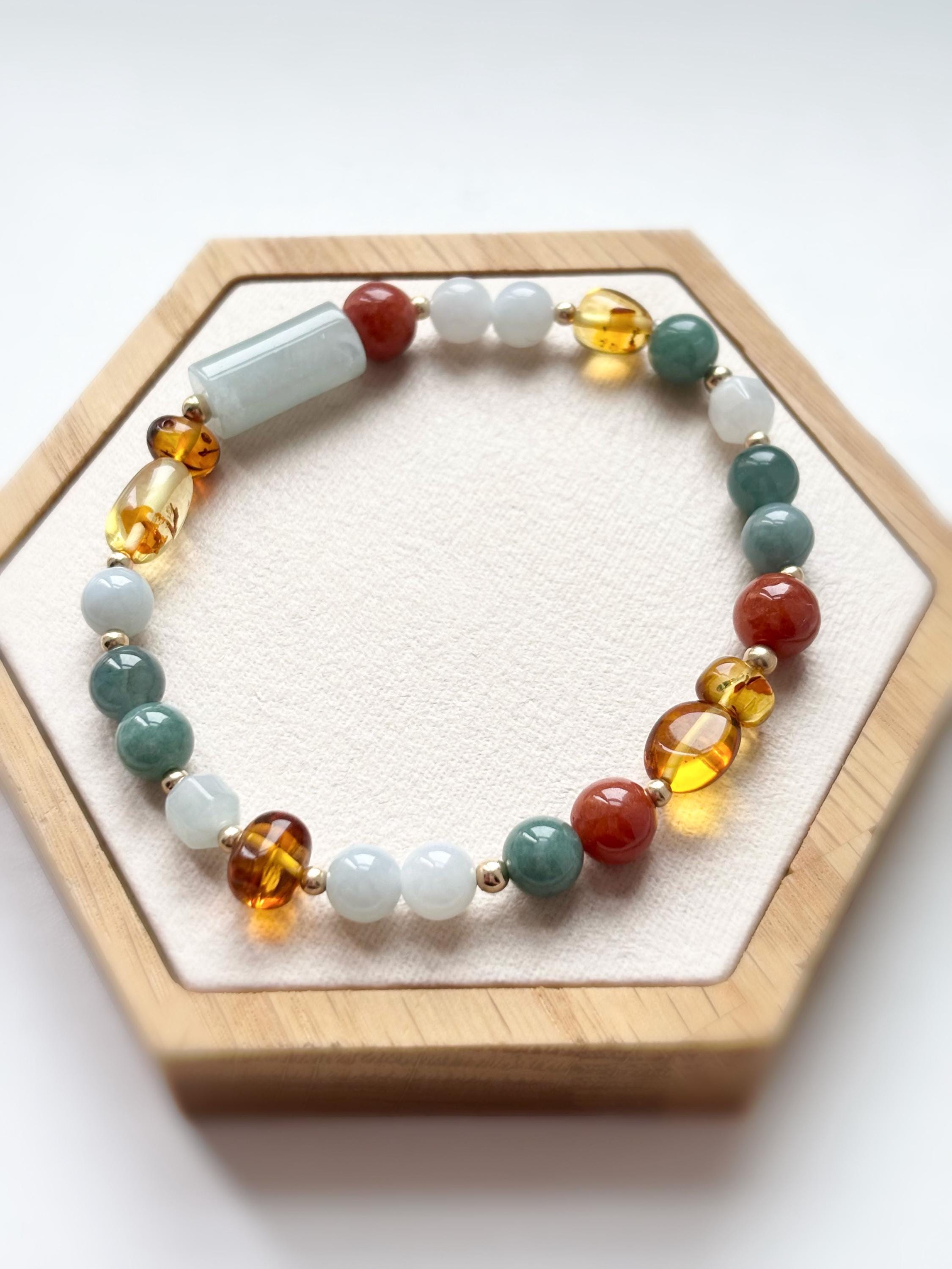 Jade Bracelet BJ250502 Dainty Beads Amber Bracelet Stretch Natural Burmese Jade Gold Filled Blue White Red Minimal
