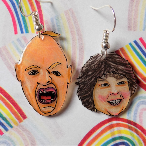 Sloth love Chunk, a pair of earrings inspired by The Goonies, featuring Sloth & Chunk, hand drawn on shrink plastic