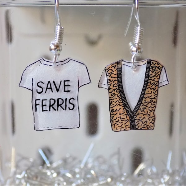 Ferris Bueller earrings, 80s earrings, 80s films, Ferris Bueller's Day Off, Save Ferris, quirky earrings, pop culture, shrink plastic