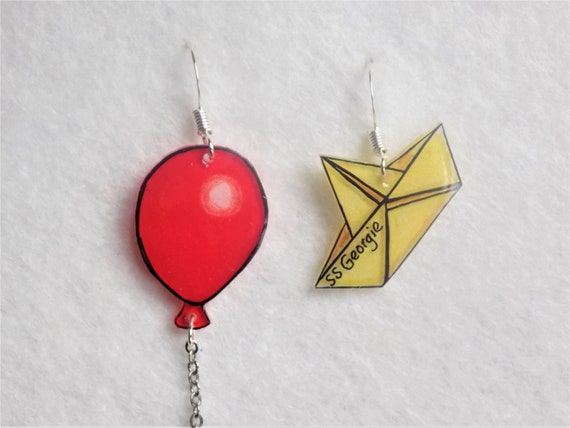 Asymmetric earrings, inspired by Stephen King's It, Pennywise earrings, Halloween earrings, they all float, SS Georgie, we all float