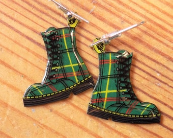 Green tartan Doctor Martens boots style earrings