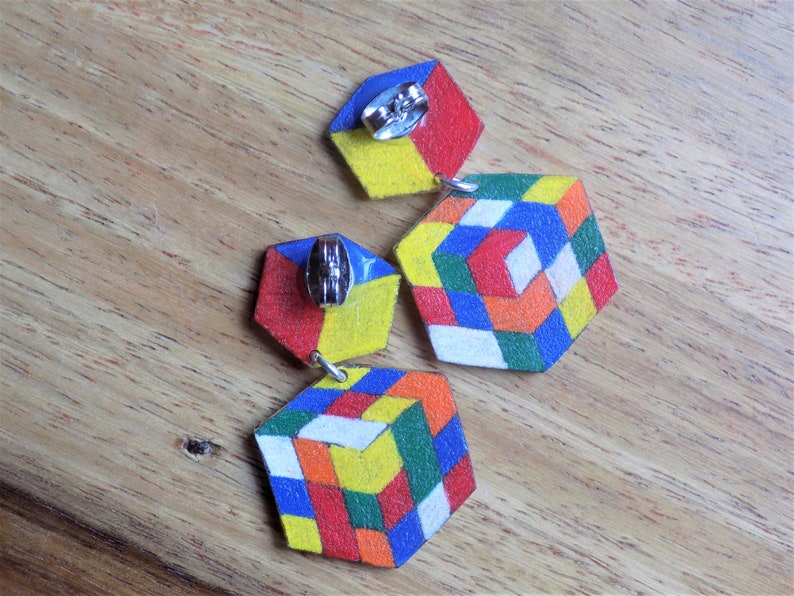Boucles d'oreilles doubles style rubik's cube image 4