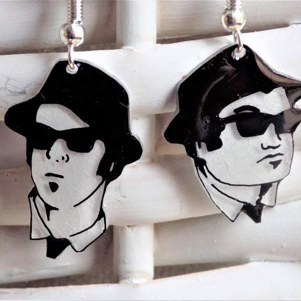 Blues Brothers earrings, Jake and Elwood Blues earrings, Dan Aykroyd, John Belushi, pop culture earrings, shrink plastic