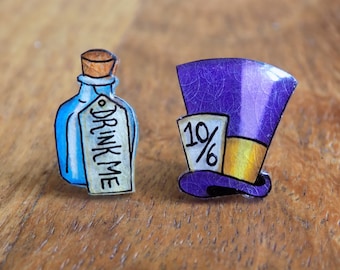 Mismatched Alice in Wonderland inspired stud earrings, Mad Hatter's hat and Drink Me Potion