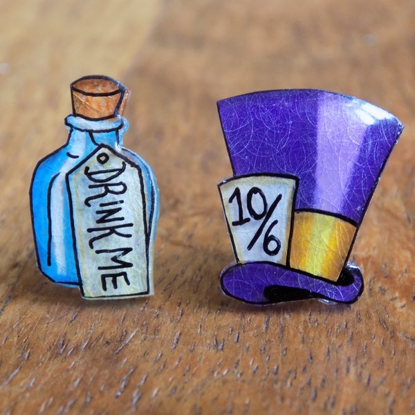 Mismatched Alice in Wonderland inspired stud earrings, Mad Hatter's hat and Drink Me Potion