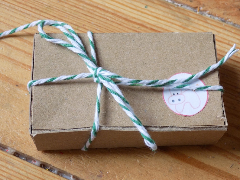 Puede incluir: Una peque&ntilde;a caja de cart&oacute;n marr&oacute;n atada con cuerda blanca y verde. La caja tiene una pegatina blanca con un animal de dibujos animados rosa.