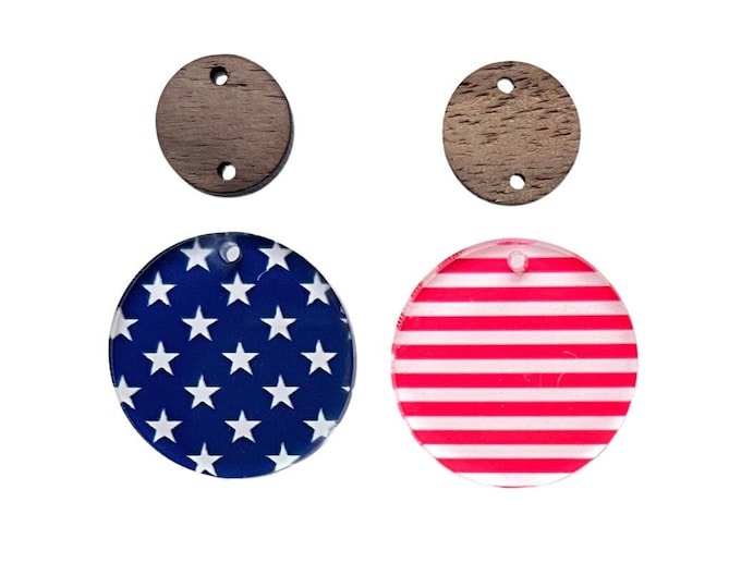Wood or Acrylic Stars and Stripes Circle Earring Blanks, 4th of July Earring Blanks,  American Flag Earring Blanks, Patriotic Earring Blanks