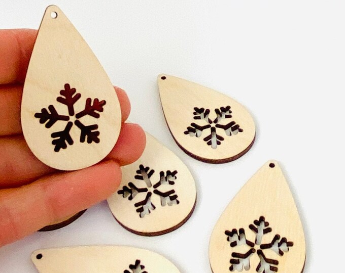 ALL SIZES BULK (12pc to 100pc)B Unfinished Wood Laser Cutout Winter Snowflake Teardrop Earring Jewelry Blanks Shape Crafts Made in Texas
