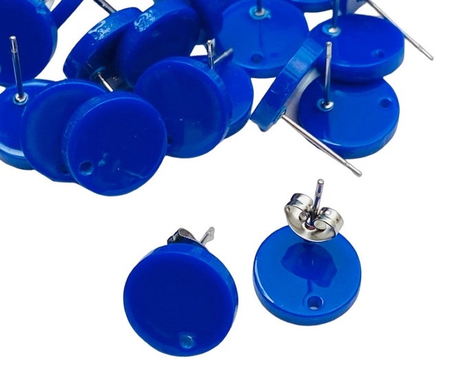 12 Acrylic 12mm Round Circle Stud Post Blue Color Earrings & Backs w/Connector Loop Holes for Dangle Style Earring Findings Jewelry Making