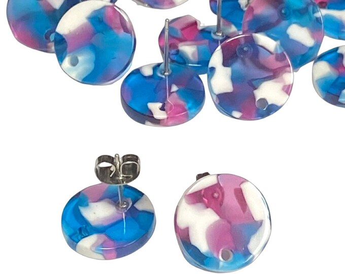 12 Acrylic 14mm Round Stud Post Pink, Blue,White Mix Earrings & Backs Connector Loop Holes Dangle Style Earring Findings Jewelry Making