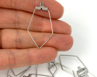 24pcs Silver Stainless Steel Earrings Ear Wires Findings Diamond Pendant Hoop Hoops with Crimp Closures 37x21mm