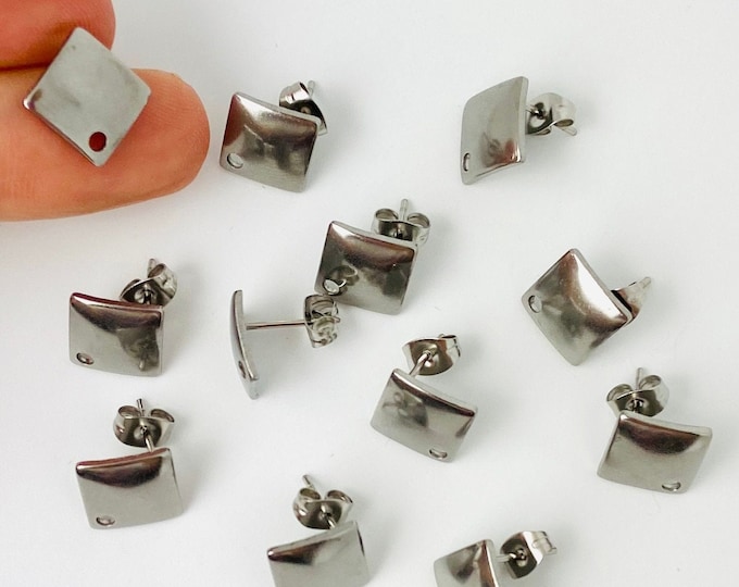10mm 316 Stainless Steel 12pcs Square Stud Post with Connector Loop Hole Earrings & 12 Earring Backs Jewelry Making Crafts
