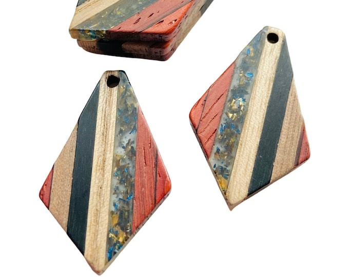 Clearance 10 Wood & Acrylic 32mm Diamond Shape Beads w/Blue and Gold Foil Earring Making Blanks