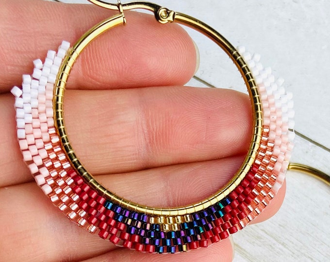 2” Pink,White,Blue & Gold Glass Bead Beaded Gold Plated Stainless Steel Hoop Hoops Earrings Ear Wires