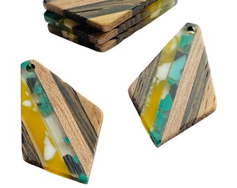 Clearance 10 Wood & Acrylic 32mm Diamond Shape Beads w/ Black, Green, Yellow, Blue Accents Earring Making Charms