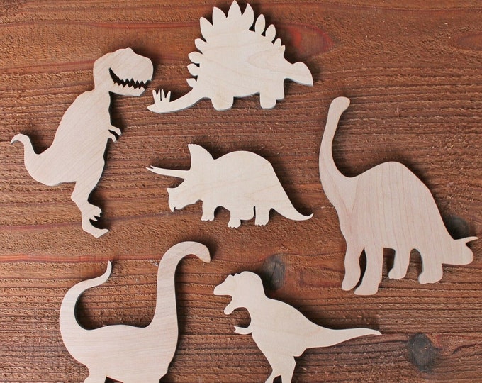 All Sizes Available - Set of 6 Dinosaur Wood Cutout Shapes 2", 3", 4",5",  6",8",10",12",14",16" Cut out T-Rex Brontosaurus Velociraptor +++