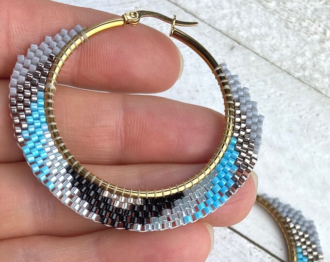 2” Black, Gray,Blue & Gold Glass Bead Beaded Gold Plated Stainless Steel Hoop Hoops Earrings Ear Wires
