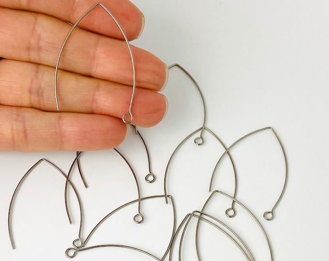 Silver Stainless Steel 40mm Earrings Kidney Style Ear Wires French Hook Hooks  Long V Shaped Shape Marquise w/Connectors Jewelry Making