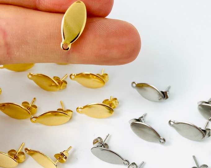 Clearance 12 Pieces Stainless Steel 316 Oval Stud Post with Connector Loop Hole Earrings & 12 Earring Backs Jewelry Making