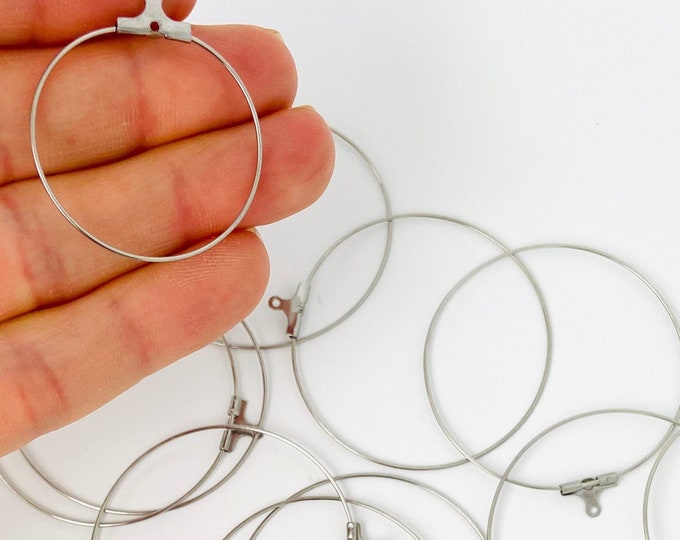 12pcs Silver Stainless Steel Earrings Ear Wires Findings Beads Beading Hoops with Crimp Closures 20mm,25mm,30mm,40mm,45mm,50mm