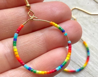 2” Rainbow Colors & Gold Glass Bead Beaded Gold Plated Stainless Steel Hoop Hoops Earrings Ear Wires