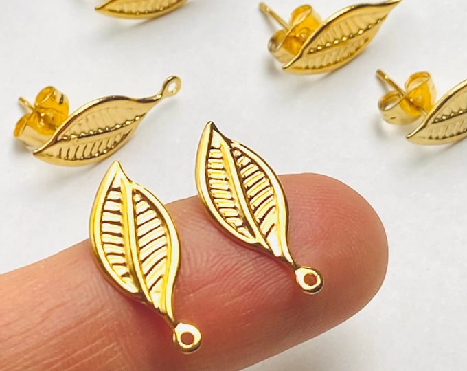 Clearance 12pcs Gold Plated Leaf Shaped Stainless Steel Stud Post Earrings & Backs Connector Loop Holes Dangle Earring Findings