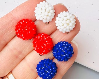 6 Pieces Red, White or Blue Bead Beaded Earrings 14mm Round Circle Stud Post & Backs w/Connector Loop Holes  Dangle Style Earring Findings