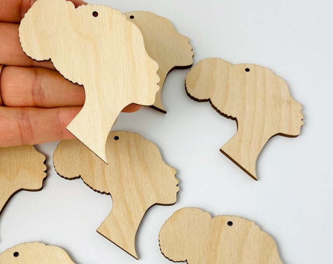 BULK (12pc to 100pc) Unfinished Wood African Woman Women Face Silhouette with Hair Bun Dangle Earrings Jewelry Blanks Ornament Charms Crafts