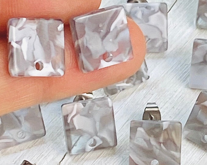 12 Acrylic 12mm Square Stud Post Gray Grey White Earrings & Backs Connector Loop Holes Dangle Style Earring Findings Jewelry Making