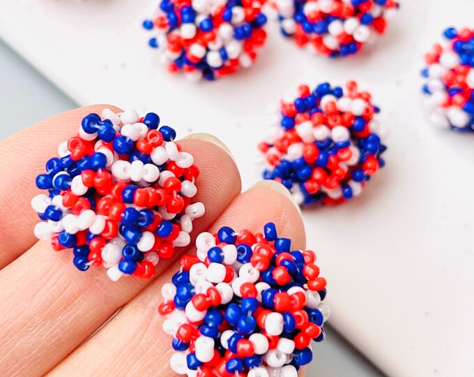 Clearance 20mm Imperfect 6pcs Red, White and Blue Patriotic Beaded Earring Posts Toppers Round Stud Post & Backs Connector Loop Holes