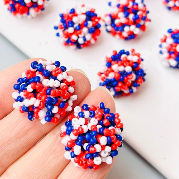 6 Red, White and Blue Patriotic, USA, July 4th, Bead Beaded Earring Posts Toppers 20mm Round Circle Stud Post & Backs Connector Loop Holes