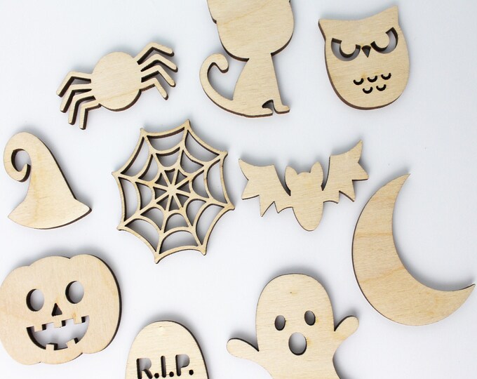 SET OF 10 Halloween Unfinished Wood Laser Cutout Shapes Crafts Hanging Ornaments Paintable Sign Wreath Ghost Moon Spider Web Pumpkin Bat Cat