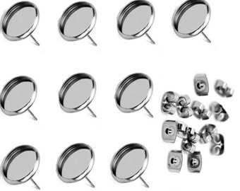 ALL SIZES 24pcs Stainless Steel Earring Studs Findings Cameo Settings Cabochon Glitter Epoxy Trays & Backs 6mm,8mm,10mm,12mm,14mm,16mm,18mm