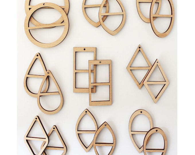 18 Unfinished Wood Laser Cutout Double Window Frame Earring Earrings Jewelry Solid Blanks Shape Crafts Made in Texas Teardrop,Diamond ++