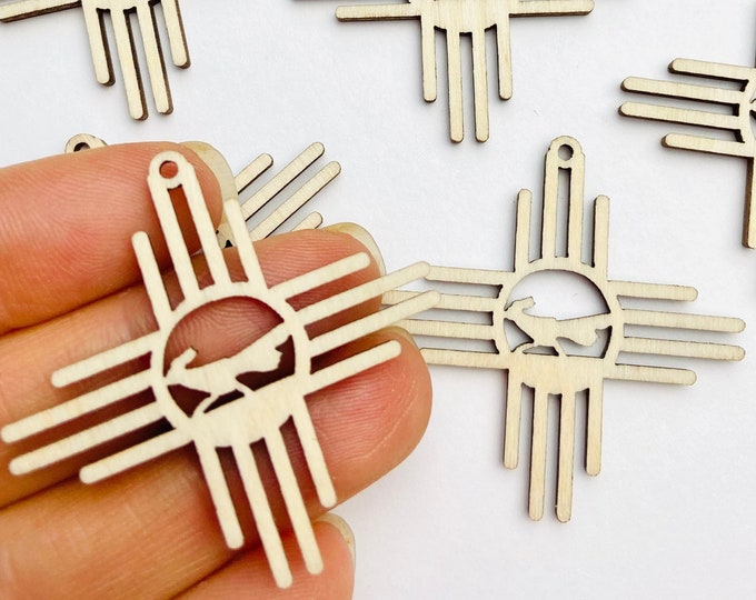 12pc or 24pc Unfinished Wood Zia New Mexico Sun Symbol With Road Runner Charm Ornament Earrings Jewelry Blanks Shape Crafts Made in Texas
