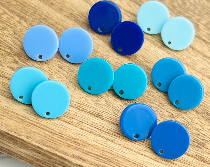 12 Acrylic 14mm Round Circle Stud Post Solid Color Blue Earrings & Backs w/Connector Loop Holes, Earring Findings, Earring Supplies
