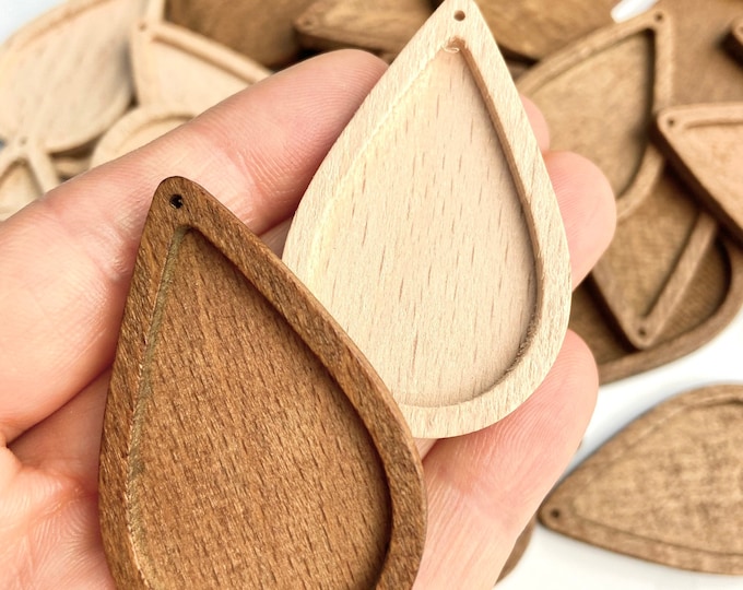 Clearance 1.5” or 2” Light or Dark Beech 12pcs  Wood Teardrop Bezel Cabochon Tray Insert Cutout Dangle Drop Earring Jewelry Blanks Charms