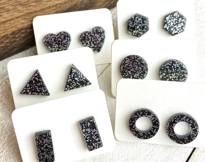 6 Pair 12mm Black Silver Glitter Acrylic Resin Stud Post Minimalist Geometric Earrings Stick Bar-Triangle-Open Circle-Hexagon-Heart-Round