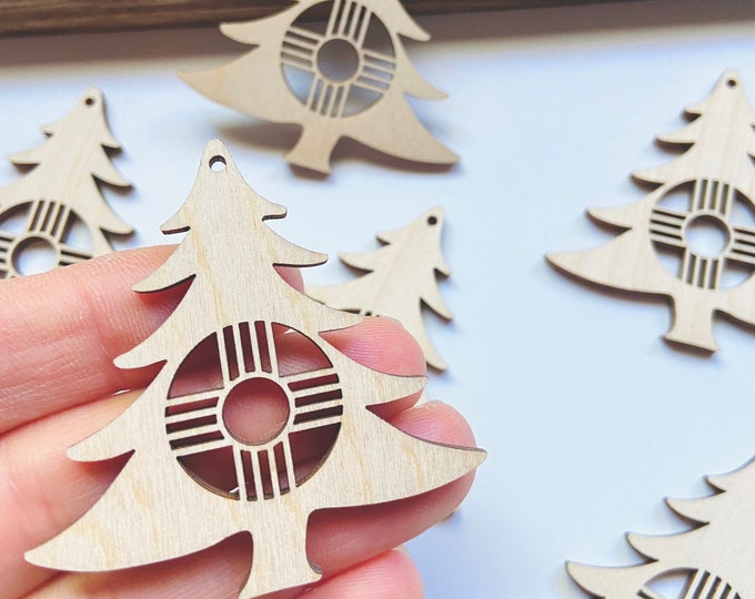 12pc to 24pc Unfinished Wood Zia Pine Tree New Mexico Sun Symbol Earrings Cutout Hanging Charm Christmas Ornament Jewelry Blanks Crafts