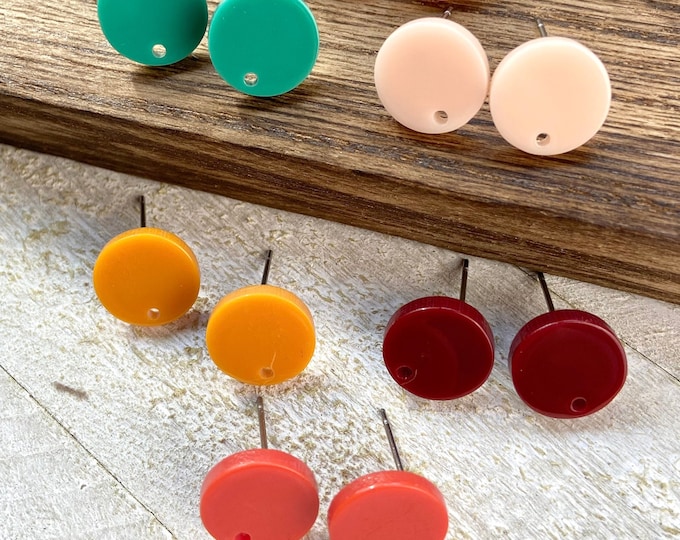 12 Acrylic 12mm Round Circle Stud Post Solid Color Earrings & Backs w/Connector Loop Holes for Dangle Style Earring Findings Jewelry Making