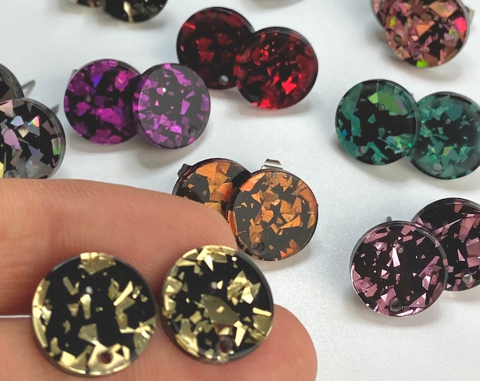 20 Acrylic 14mm Round  Stud Post Glitter Color Earrings & Backs w/Connector Loop Holes for Dangle Style Earring Findings Jewelry Making