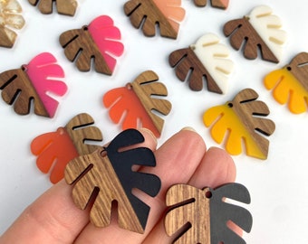 Clearance 10pcs Imperfect Resin & Wood 29mm/1.1” Tropical Monstera Leaf Leaves Beads Charms w/Connector Loop Hole Earring Earrings Findings