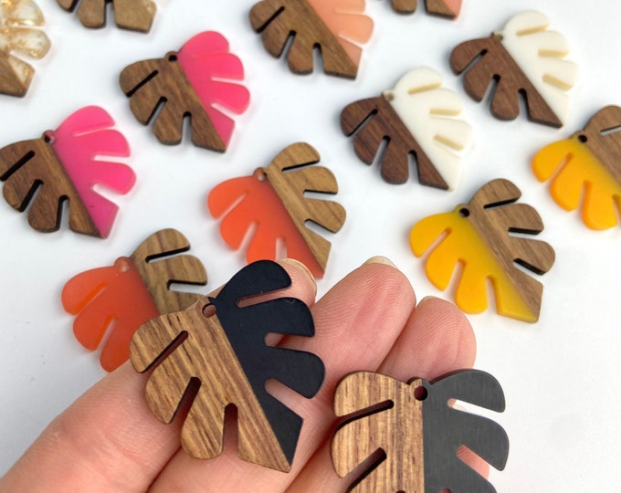 Clearance 10pcs Imperfect Resin & Wood 29mm/1.1” Tropical Monstera Leaf Leaves Beads Charms w/Connector Loop Hole Earring Earrings Findings