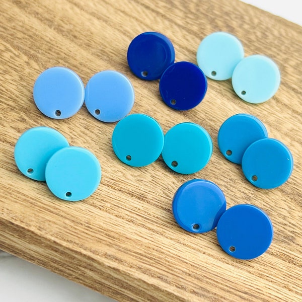 12 Acrylic 14mm Round Circle Stud Post Solid Color Blue Earrings & Backs w/Connector Loop Holes, Earring Findings, Earring Supplies