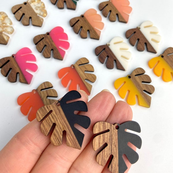 Clearance 10pcs Imperfect Resin & Wood 29mm/1.1” Tropical Monstera Leaf Leaves Beads Charms w/Connector Loop Hole Earring Earrings Findings