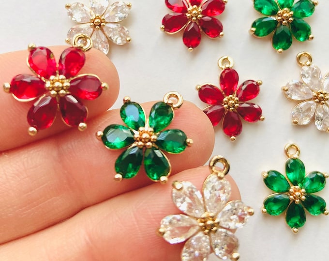 Clearance Imperfect 6pcs Gold Plated Brass Cubic Zirconia Red, Clear or Green Colors 18mm Flower Jewelry Pendant Earring Charms