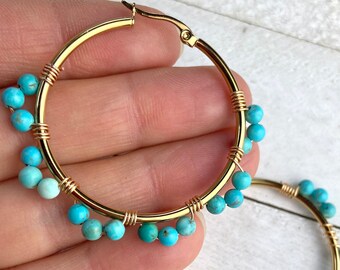 1.75” Turquoise Bead Beaded Gold Plated Stainless Steel Hoop Hoops Earrings Ear Wires