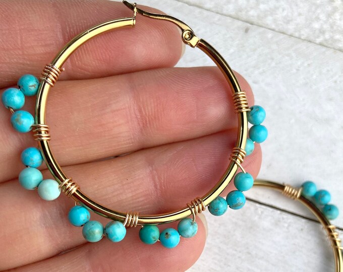 1.75” Turquoise Bead Beaded Gold Plated Stainless Steel Hoop Hoops Earrings Ear Wires