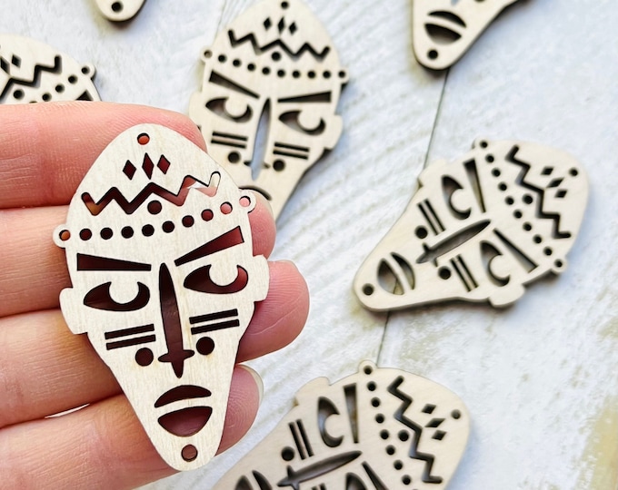 ALL SIZES BULK (12pc to 100pc) Unfinished Wood Laser Cutout African Africa Mask Earring Pendant Jewelry Blanks Shape Crafts Texas Made